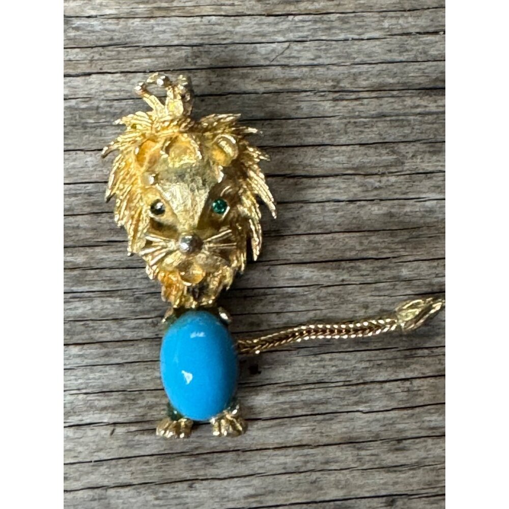Turquoise Lucite Jelly Belly Leo Lion King Pin Brooch Articulated Tail 1 7/8" - Picture 1 of 6